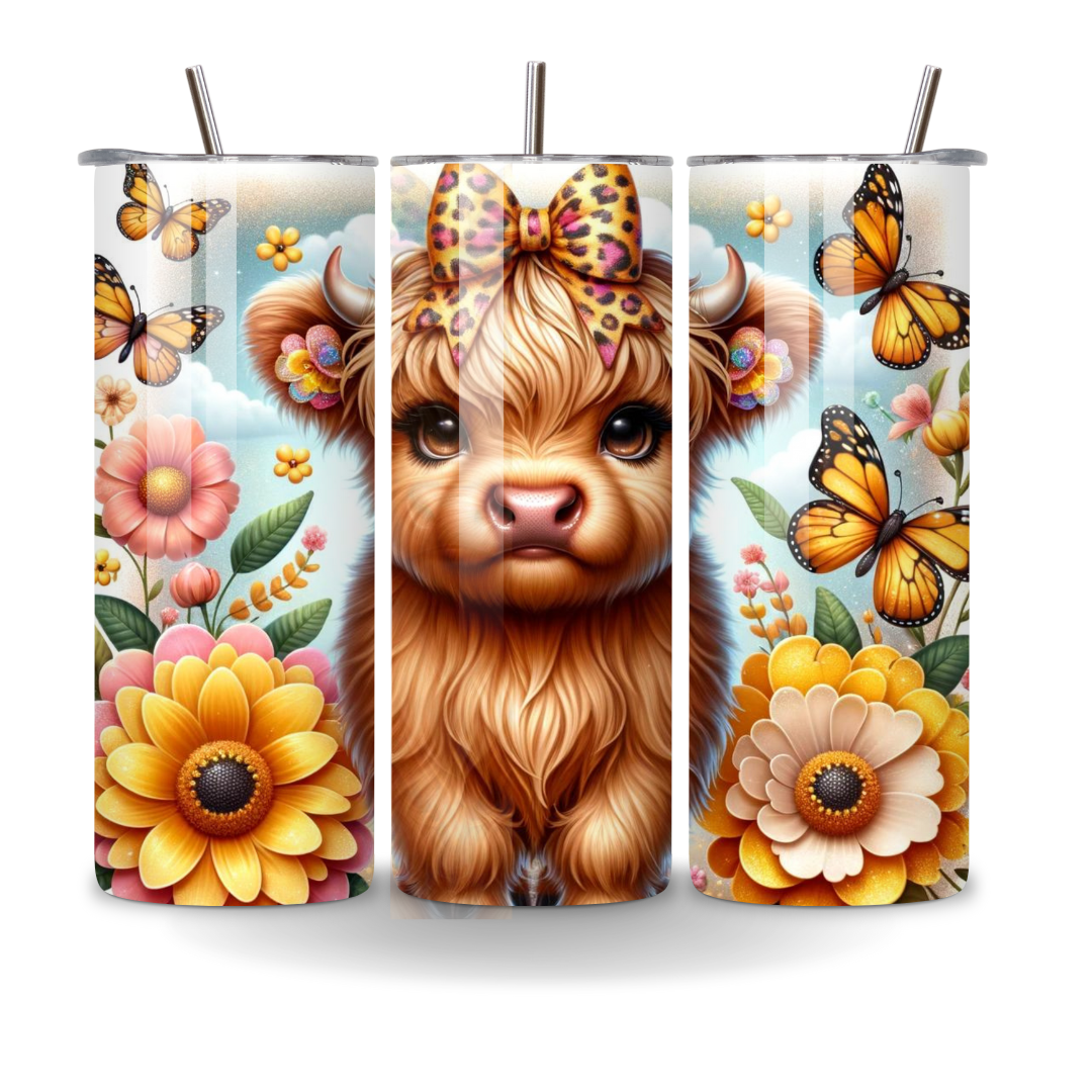 Stainless Steel 20oz Tumbler Highland Cow Butterfly