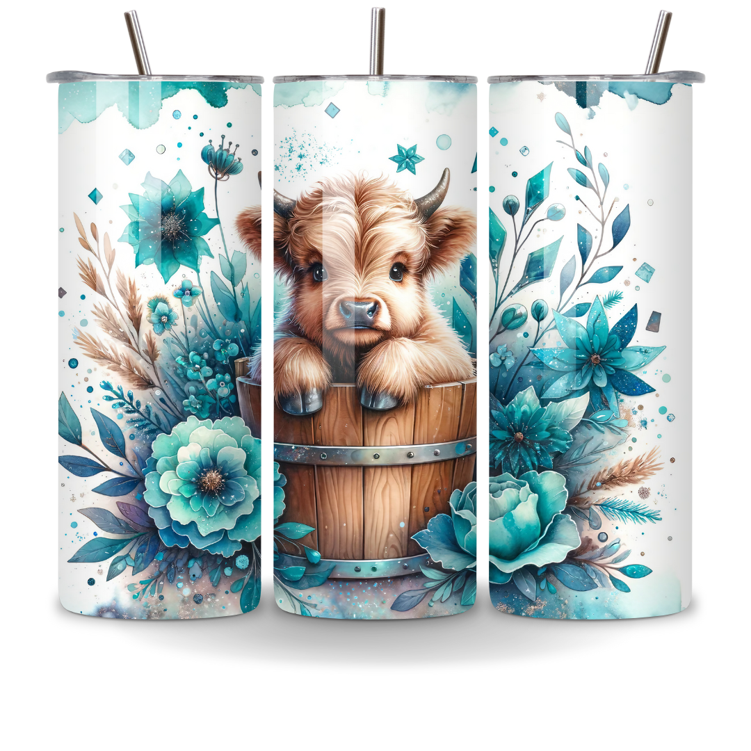 Stainless Steel 20oz Tumbler Highland Cow Blue Flower