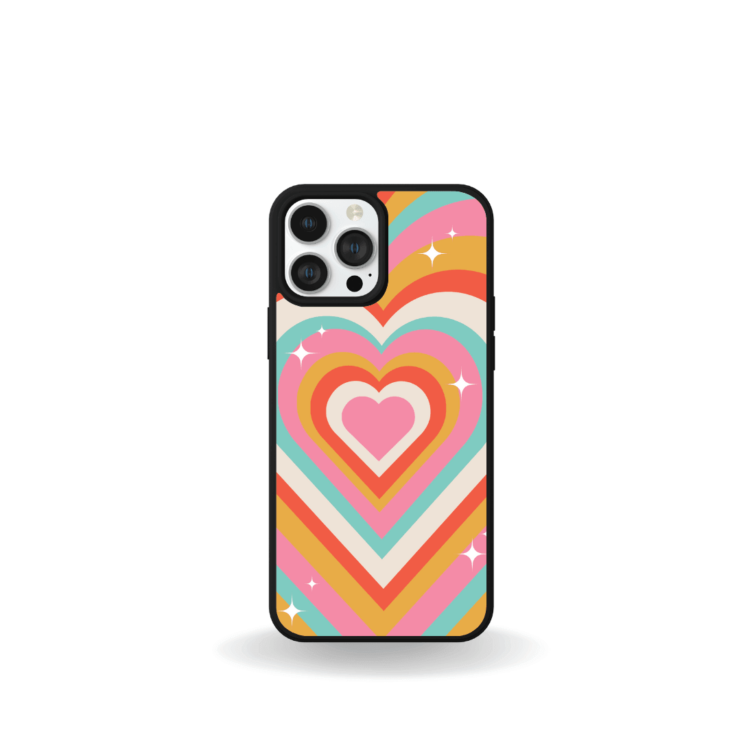 iPhone 15 with colorful heart design phone case from the Ezi2uDesigns Bundle, featuring shock proof custom designs.