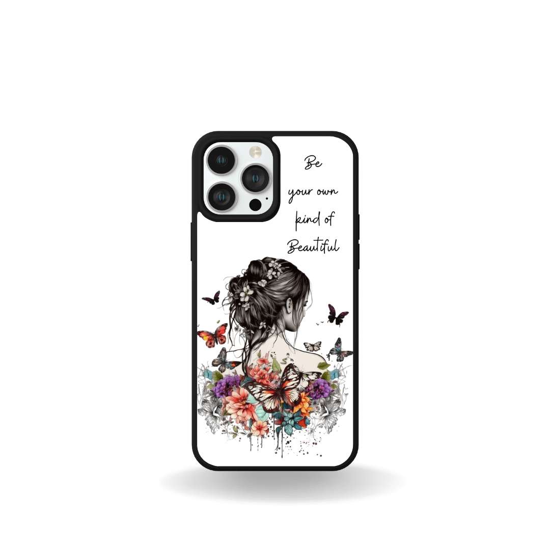 iPhone 15 Bundle shock proof phone case with custom design featuring a woman with floral and butterfly artwork and "Be your own kind of Beautiful" text