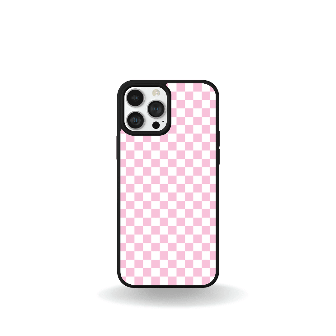 iPhone 15 with pink checkerboard phone case, part of Ezi2uDesigns' shock proof custom designs bundle