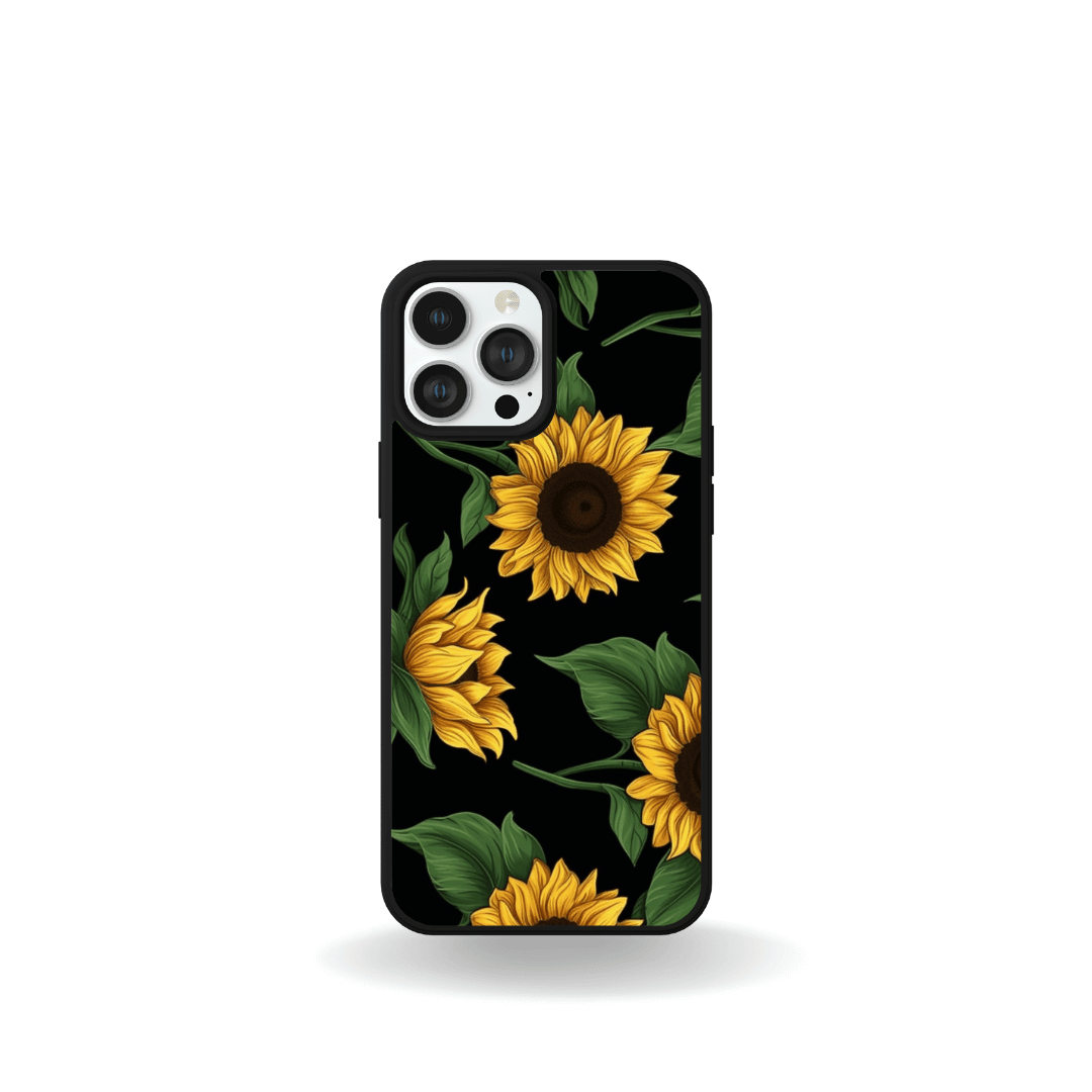 iPhone 15 protective case with custom sunflower design by Ezi2uDesigns, showcasing stylish shockproof protection.