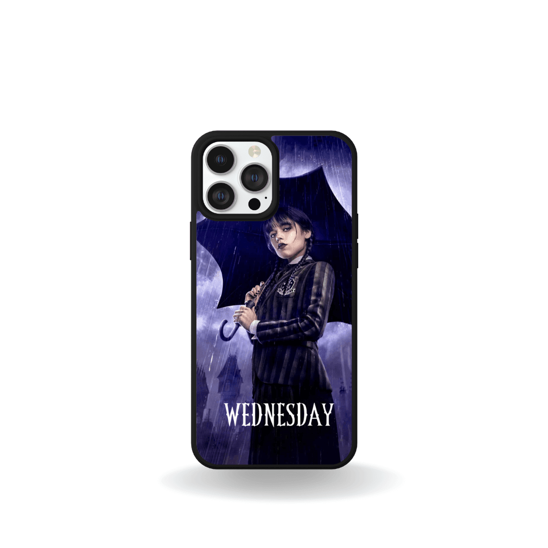 iPhone 15 case with custom Wednesday Addams design featuring dark gothic theme and girl holding umbrella in the rain.