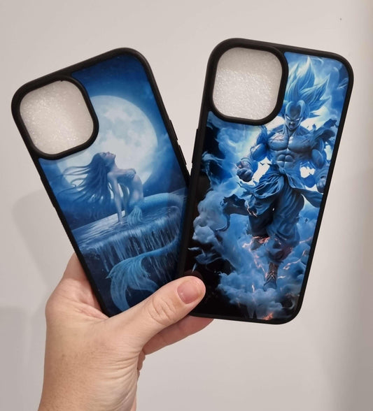 Custom blue-themed shockproof iPhone 15 cases featuring artistic designs of a warrior and a mystical woman from Ezi2uDesigns